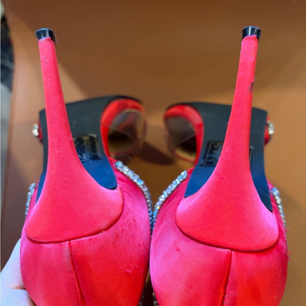 Elegant Red Satin Heels with Rhinestone Accents - Picture 9 of 12